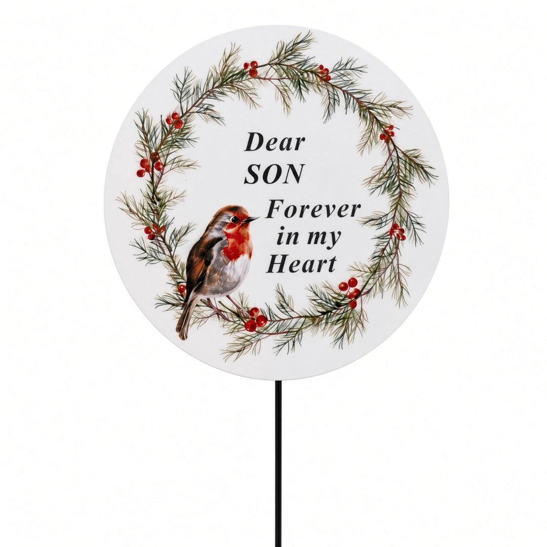 Son Memorial Garden Stake Christmas Wreath Robin Forever in My Heart Tribute Stick