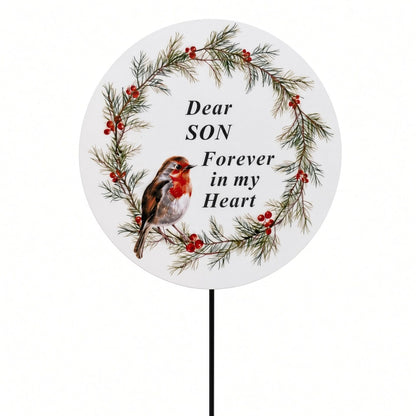 Son Memorial Garden Stake Christmas Wreath Robin Forever in My Heart Tribute Stick