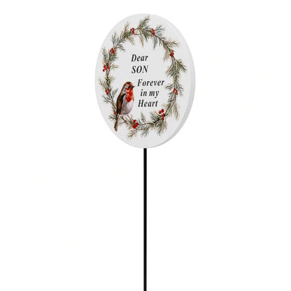 Son Memorial Garden Stake Christmas Wreath Robin Forever in My Heart Tribute Stick