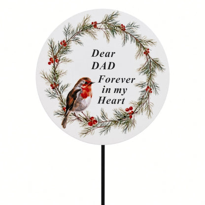 Dad Memorial Garden Stake Christmas Wreath Robin Forever in My Heart Tribute Stick