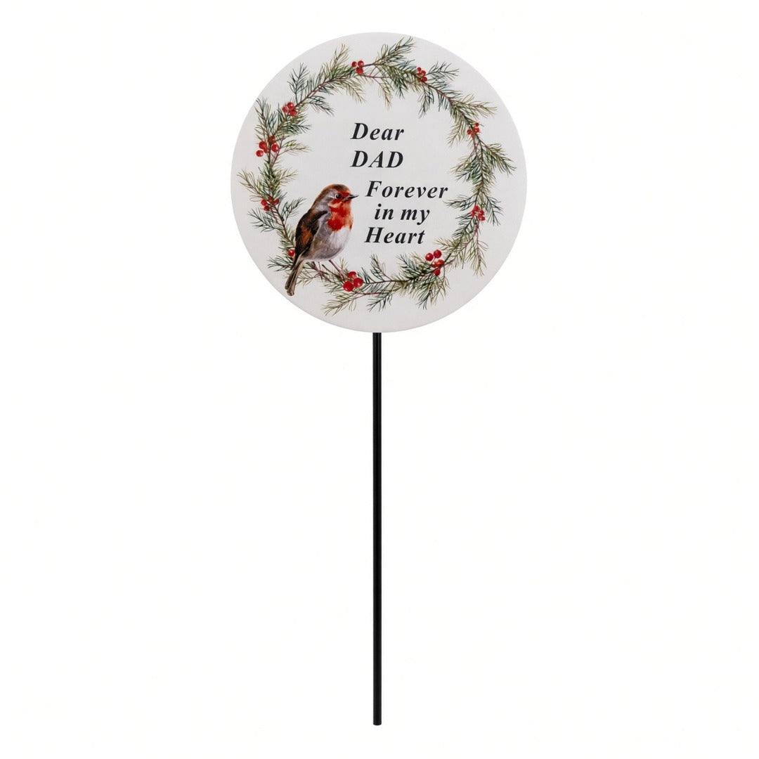 Dad Memorial Garden Stake Christmas Wreath Robin Forever in My Heart Tribute Stick