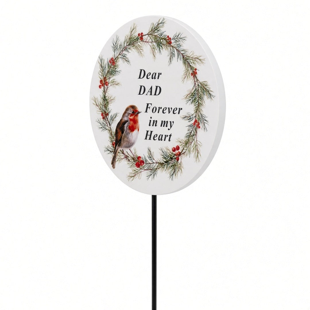 Dad Memorial Garden Stake Christmas Wreath Robin Forever in My Heart Tribute Stick