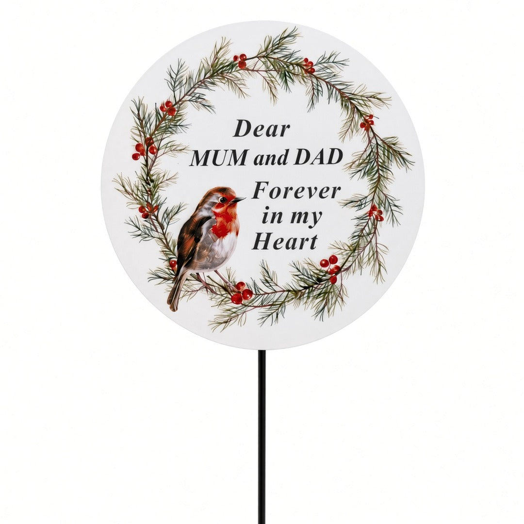 Mum & Dad Memorial Christmas Wreath Robin Forever in My Heart Tribute Stick
