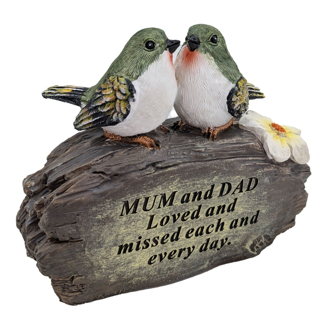 Mum and Dad lovebirds on log memorial ornament front view