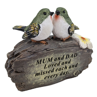 Mum and Dad lovebirds on log memorial ornament front view