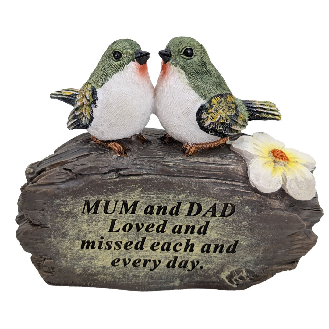Mum and Dad lovebirds on log memorial ornament