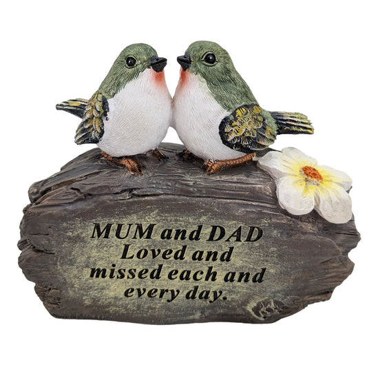 Mum and Dad lovebirds on log memorial ornament