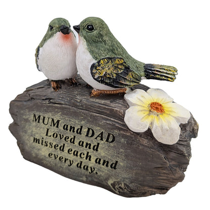 Mum and Dad lovebirds on log memorial ornament close up