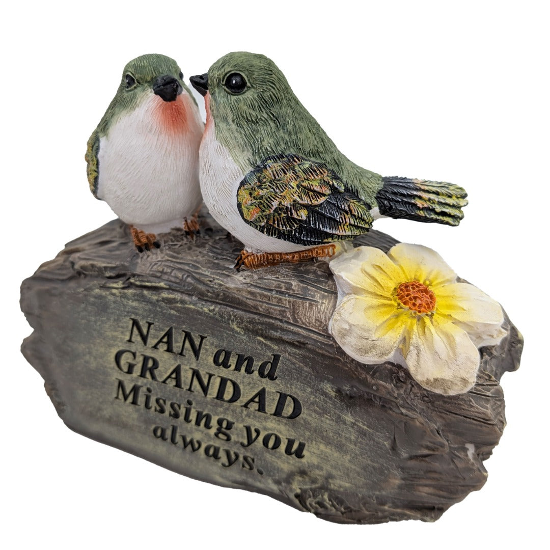 Nan and Grandad lovebirds on log memorial ornament front view