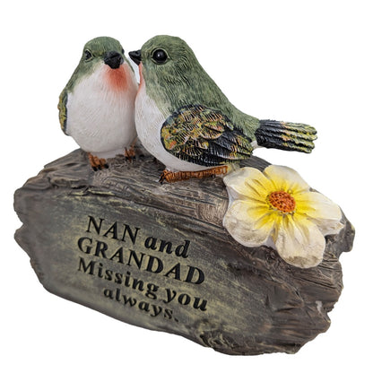 Nan and Grandad lovebirds on log memorial ornament front view