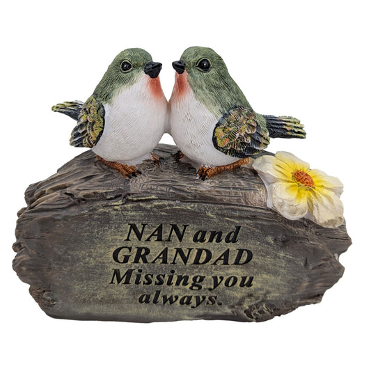 Nan and Grandad lovebirds on log memorial ornament