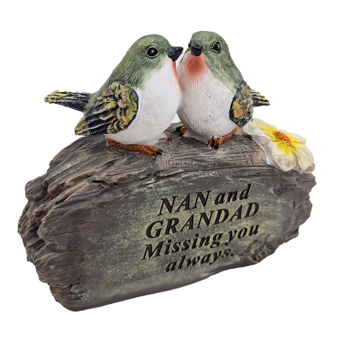 Nan and Grandad lovebirds on log memorial ornament close up