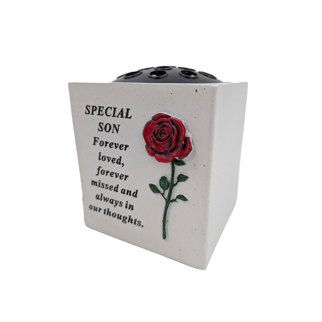 Special Son Small Memorial Grave Vase with Red Rose