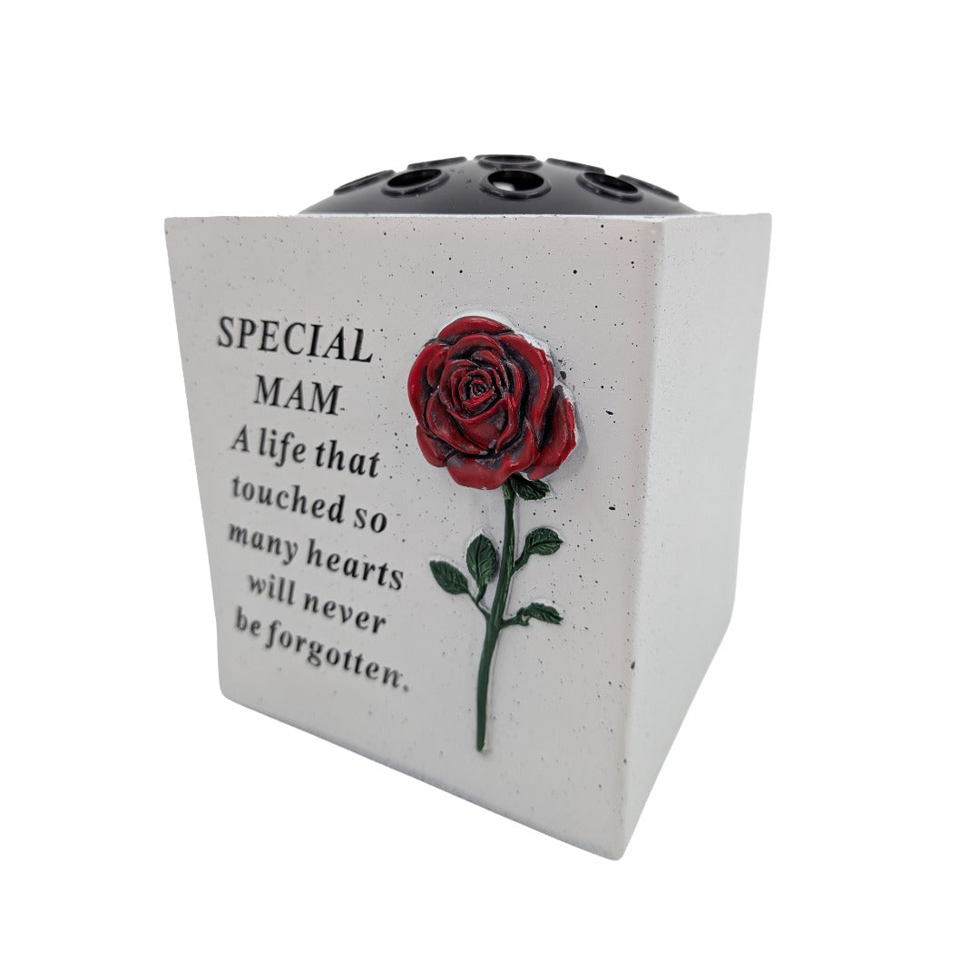 Special Mam Small Memorial Grave Vase with Red Rose Graveside Flower Pot