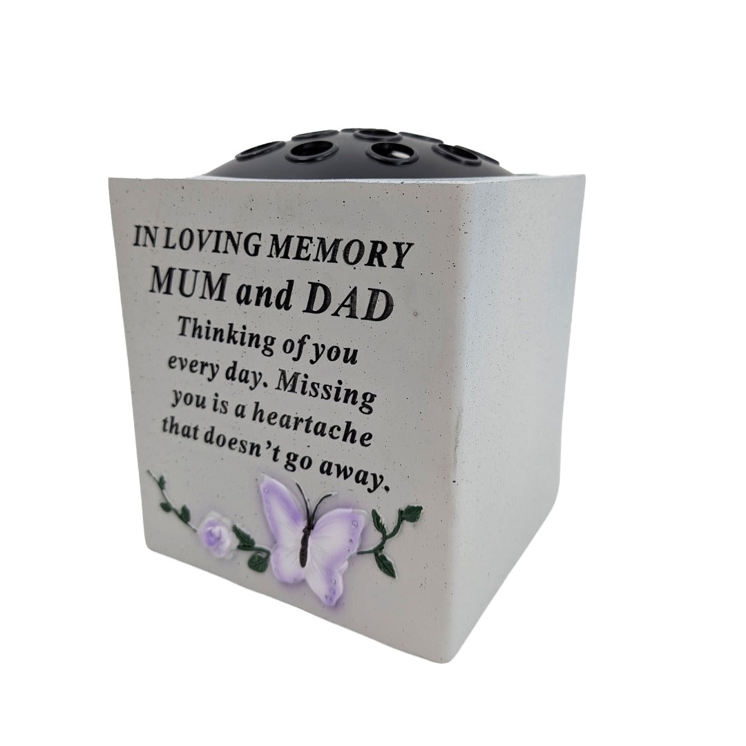 Special Mum and Dad Small Memorial Grave Vase with Butterfly Rose