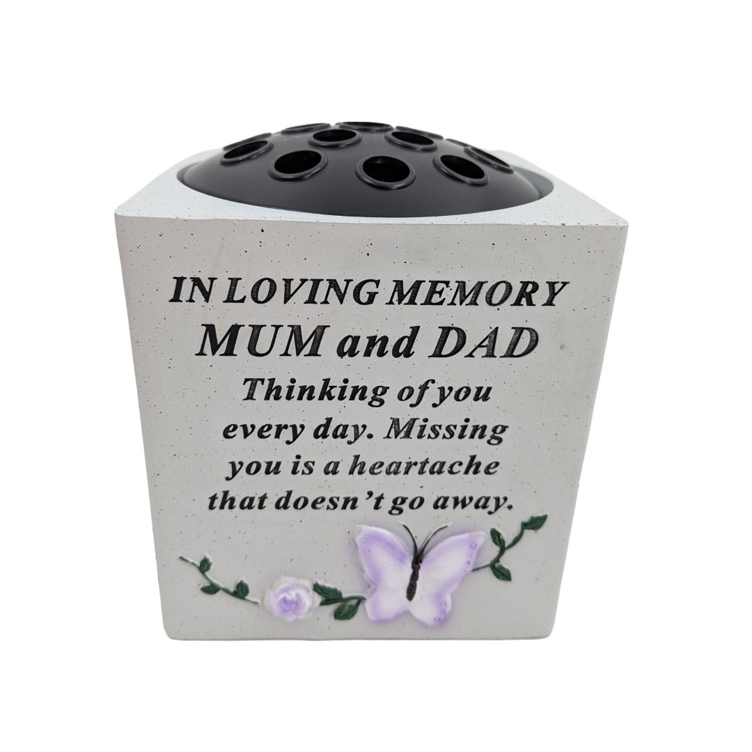 Special Mum and Dad Small Memorial Grave Vase with Butterfly Rose