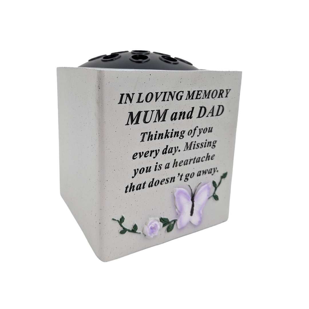 Special Mum and Dad Small Memorial Grave Vase with Butterfly Rose