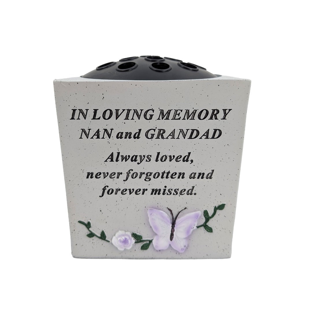 Special Nan & Grandad Small Memorial Grave Vase with Butterfly Rose
