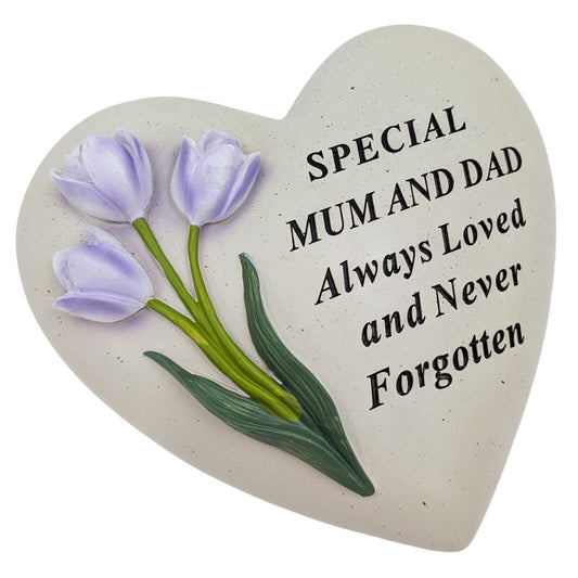 Special Mum and Dad lilac tulip heart memorial ornament