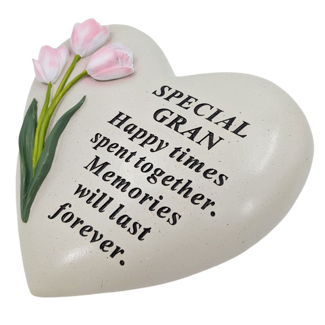 Special Gran Memorial Heart Plaque Resin Graveside Grave Ornament with Tulips