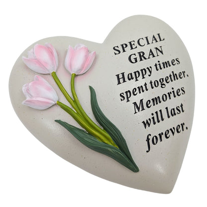Special Gran Memorial Heart Plaque Resin Graveside Grave Ornament with Tulips