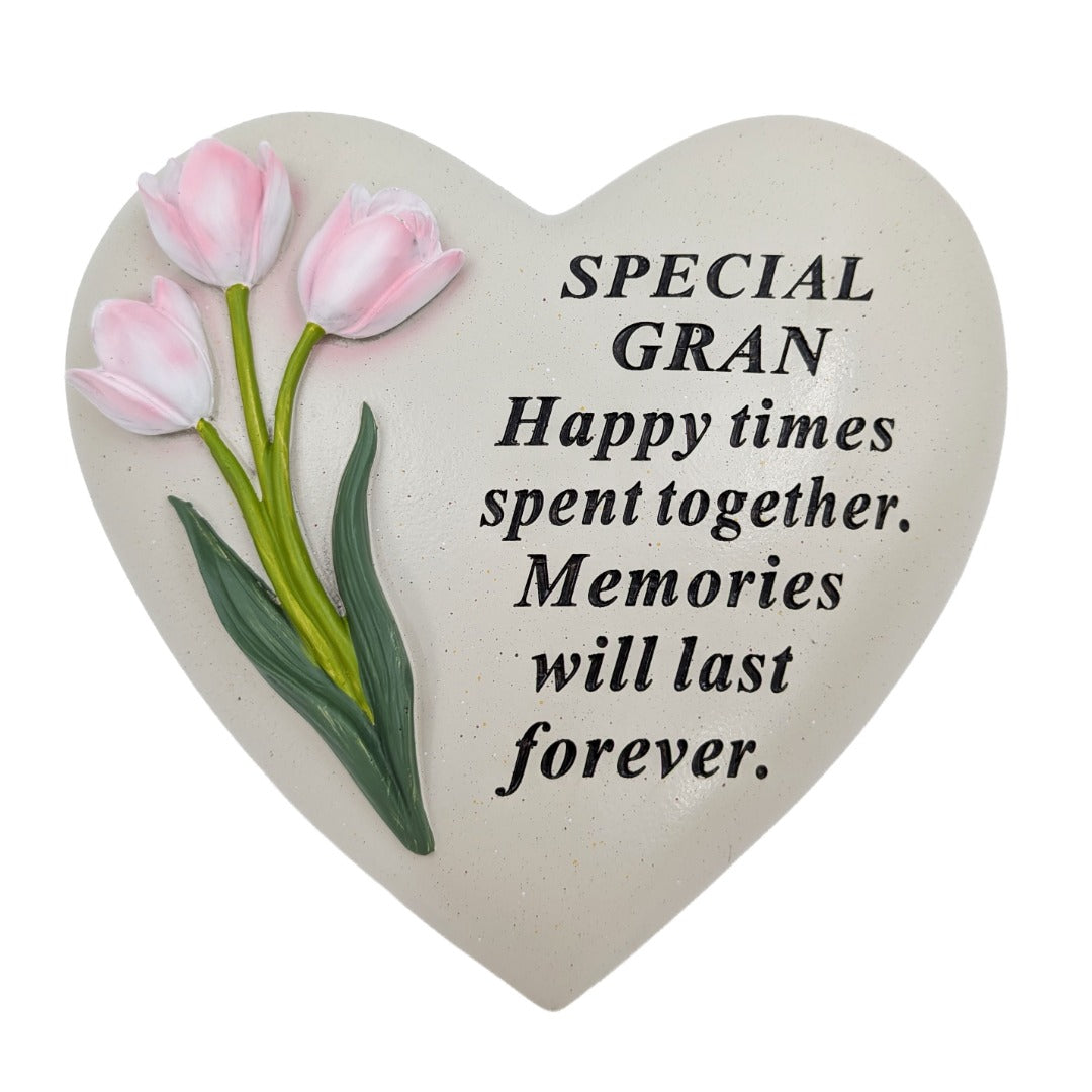 Special Gran Memorial Heart Plaque Resin Graveside Grave Ornament with Tulips