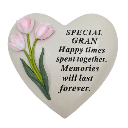 Special Gran Memorial Heart Plaque Resin Graveside Grave Ornament with Tulips