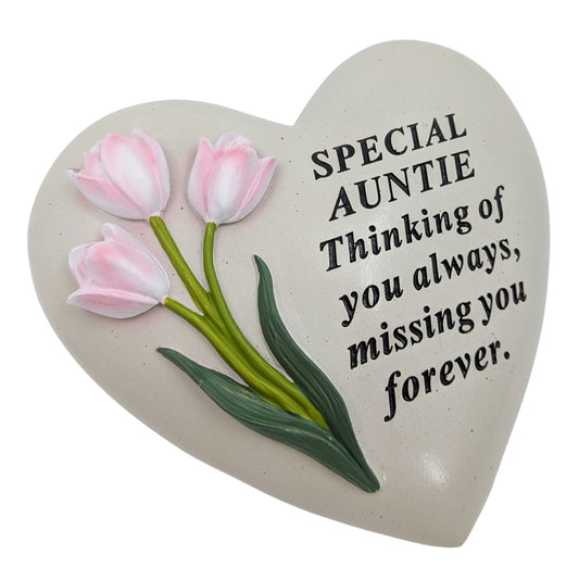 Special Auntie pink tulip heart memorial plaque