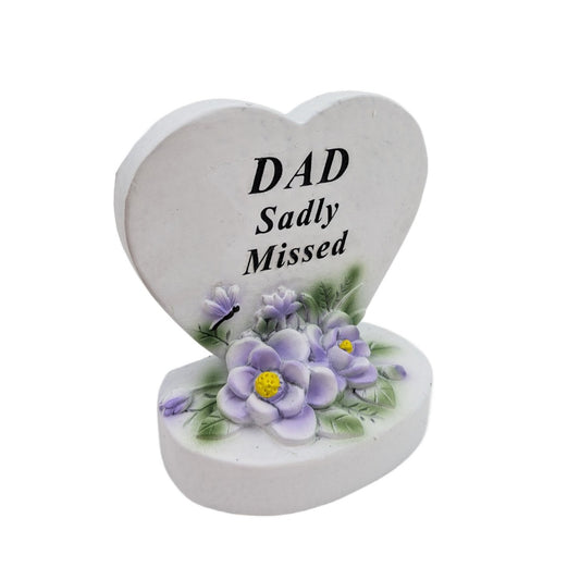 Dad Sadly Missed small white heart memorial with dragonfly