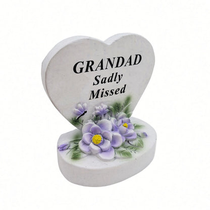Grandad Sadly Missed white heart memorial with purple flowers