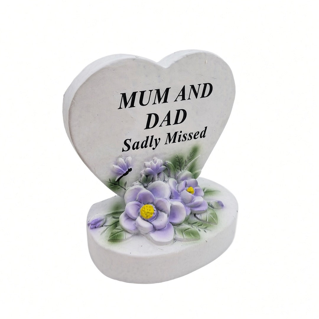 Mum and Dad Sadly Missed white heart memorial with purple flowers