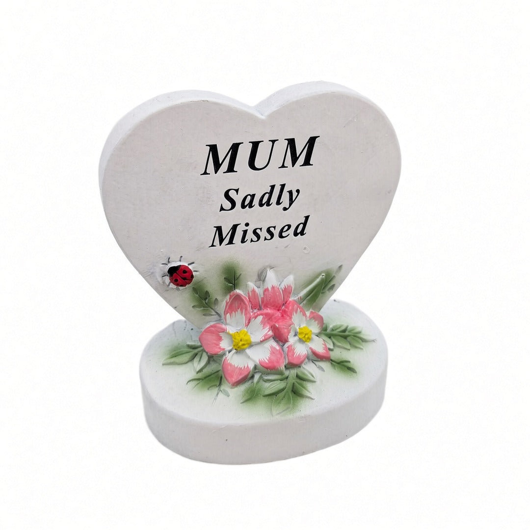 Mum Sadly Missed white heart memorial with pink flowers