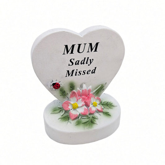 Mum Sadly Missed white heart memorial with pink flowers