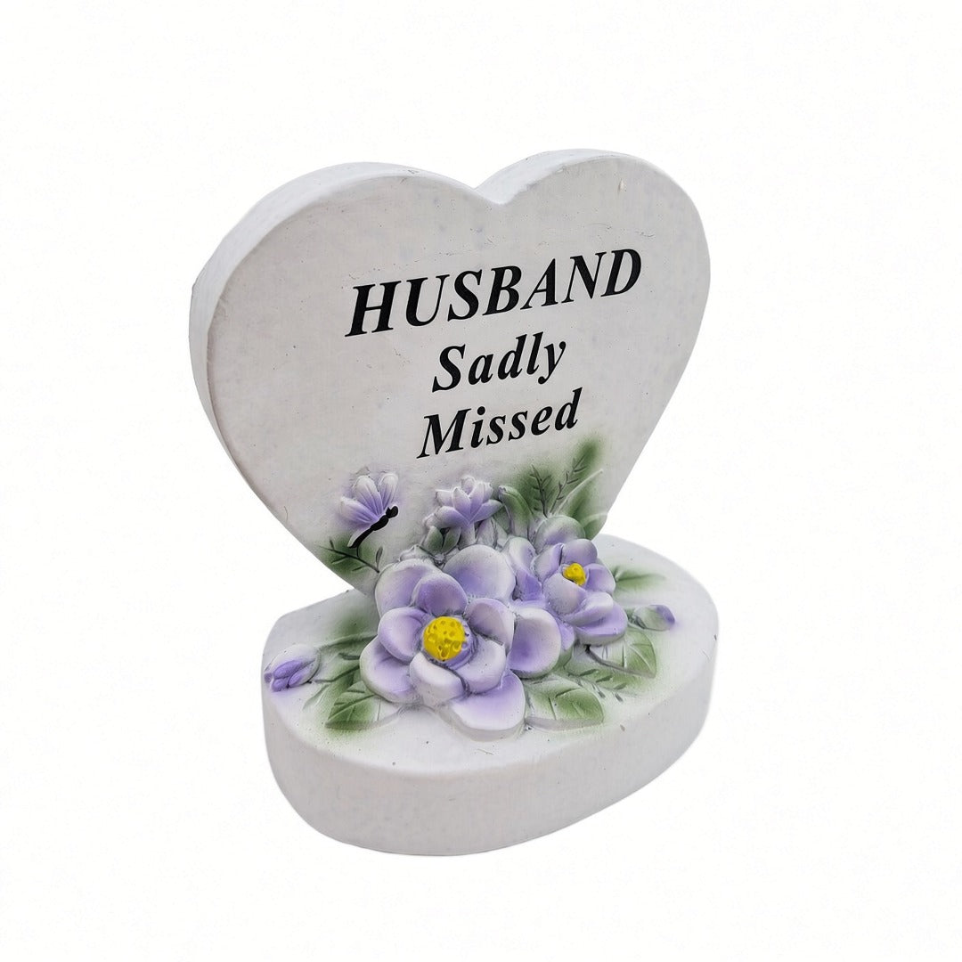 Husband Sadly Missed white heart memorial with purple flowers