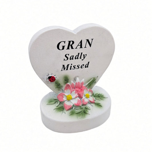 Gran Sadly Missed white heart memorial with pink flowers