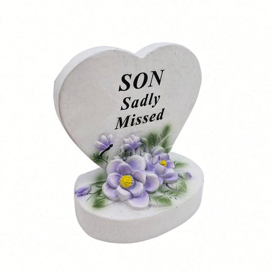 Son Sadly Missed white heart memorial with purple flowers
