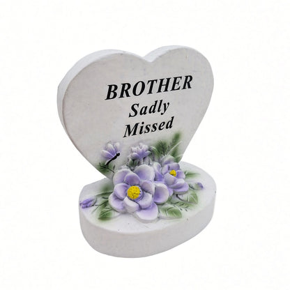 Brother Sadly Missed white heart memorial with purple flowers