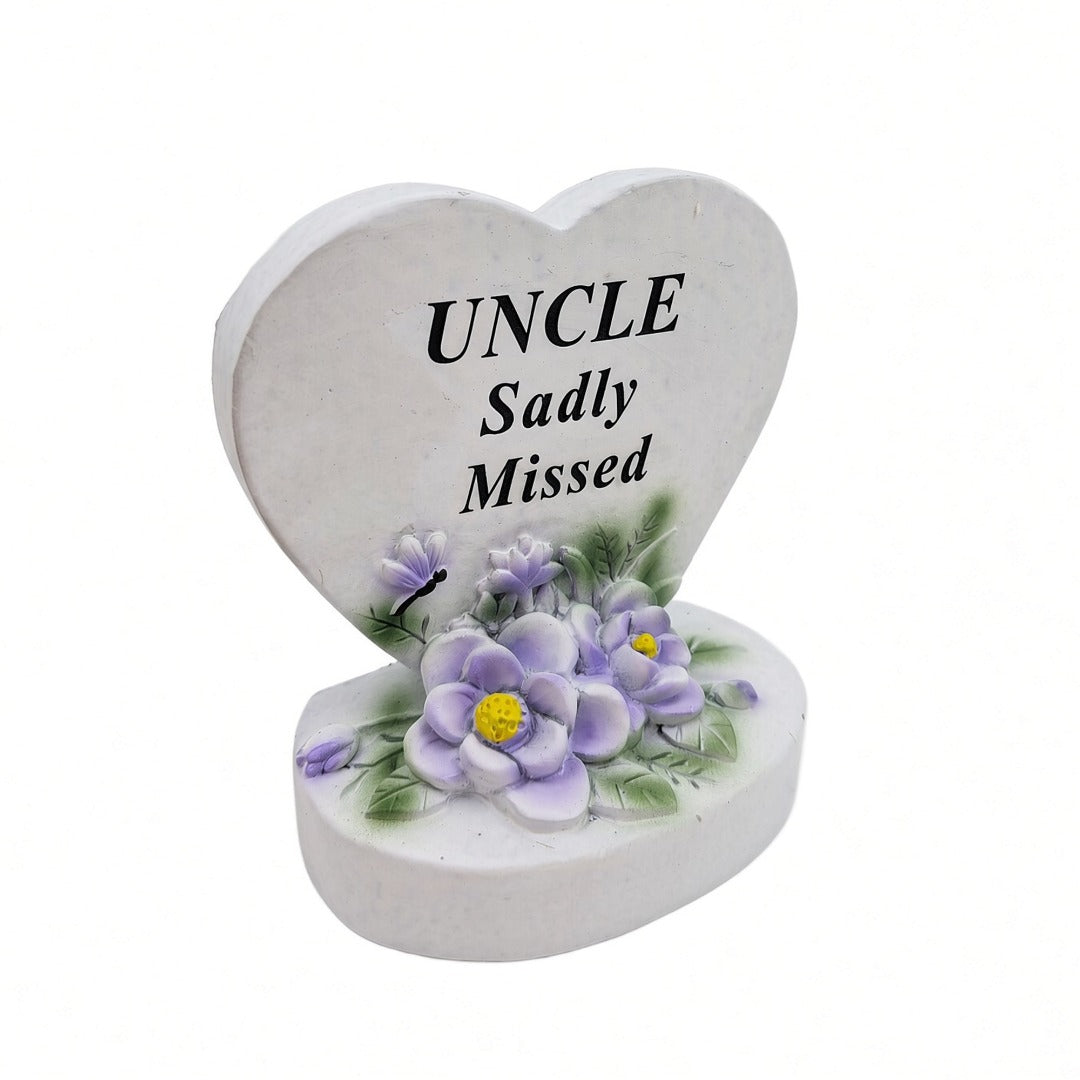 Uncle Sadly Missed white heart memorial with purple flowers