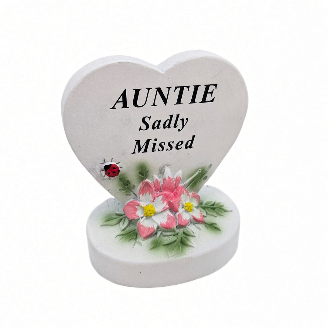 Auntie Sadly Missed white heart memorial with pink flowers