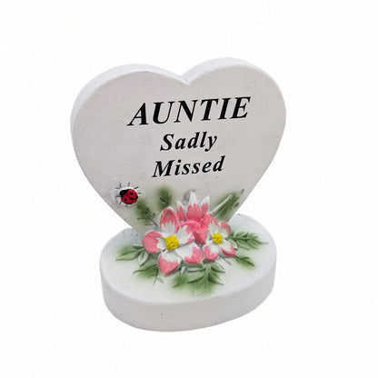 Auntie Sadly Missed white heart memorial with pink flowers
