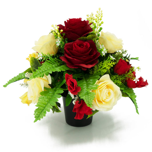 Sophia Red Yellow Rose Artificial Flower Graveside Cemetery Memorial Arrangement Pot