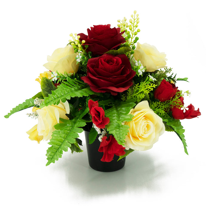 Sophia Red Yellow Rose Artificial Flower Graveside Cemetery Memorial Arrangement Pot