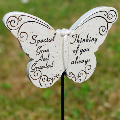 Gran and Grandad white butterfly memorial tribute stick