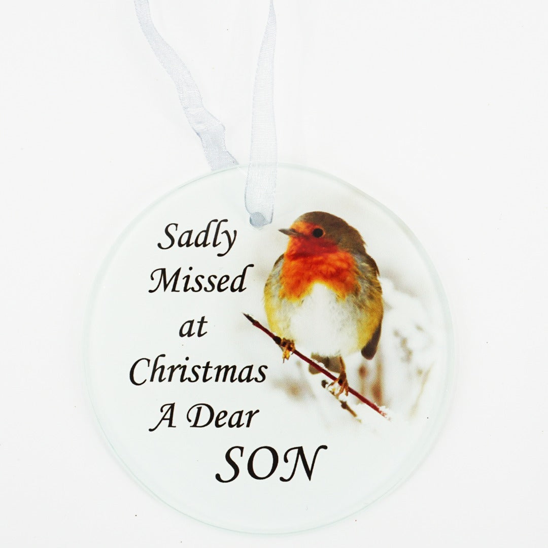 Son Christmas robin round glass memorial tree decoration