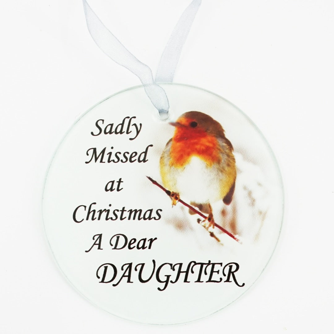 Daughter Christmas robin round glass memorial tree decoration