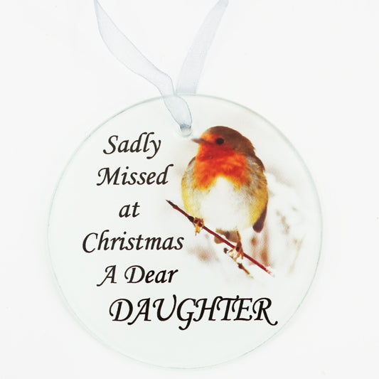 Daughter Christmas robin round glass memorial tree decoration