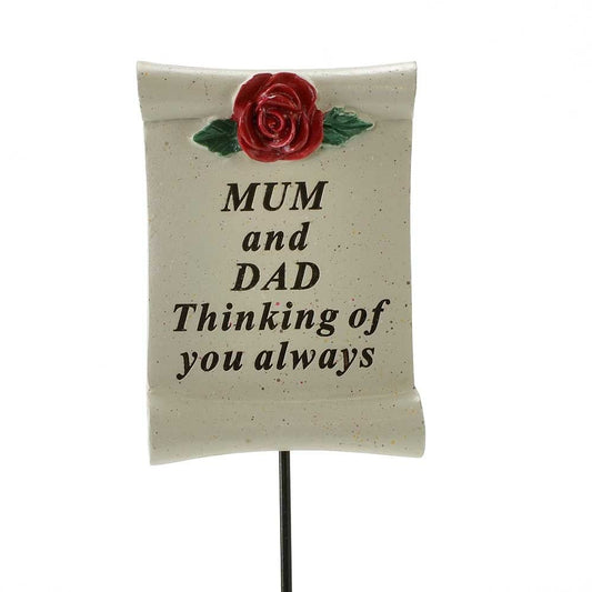 Mum and Dad Thinking of You Always Red Rose Scroll Memorial Tribute Stick