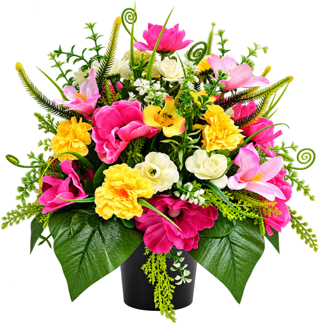 Pink artificial graveside flower arrangement in a pot
