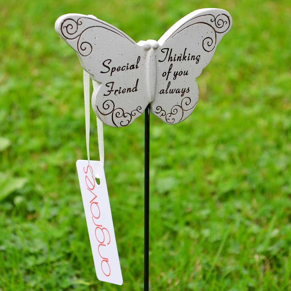 Special Friend white butterfly memorial tribute stick front view