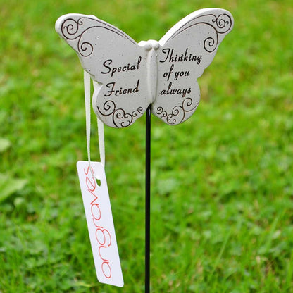 Special Friend white butterfly memorial tribute stick front view